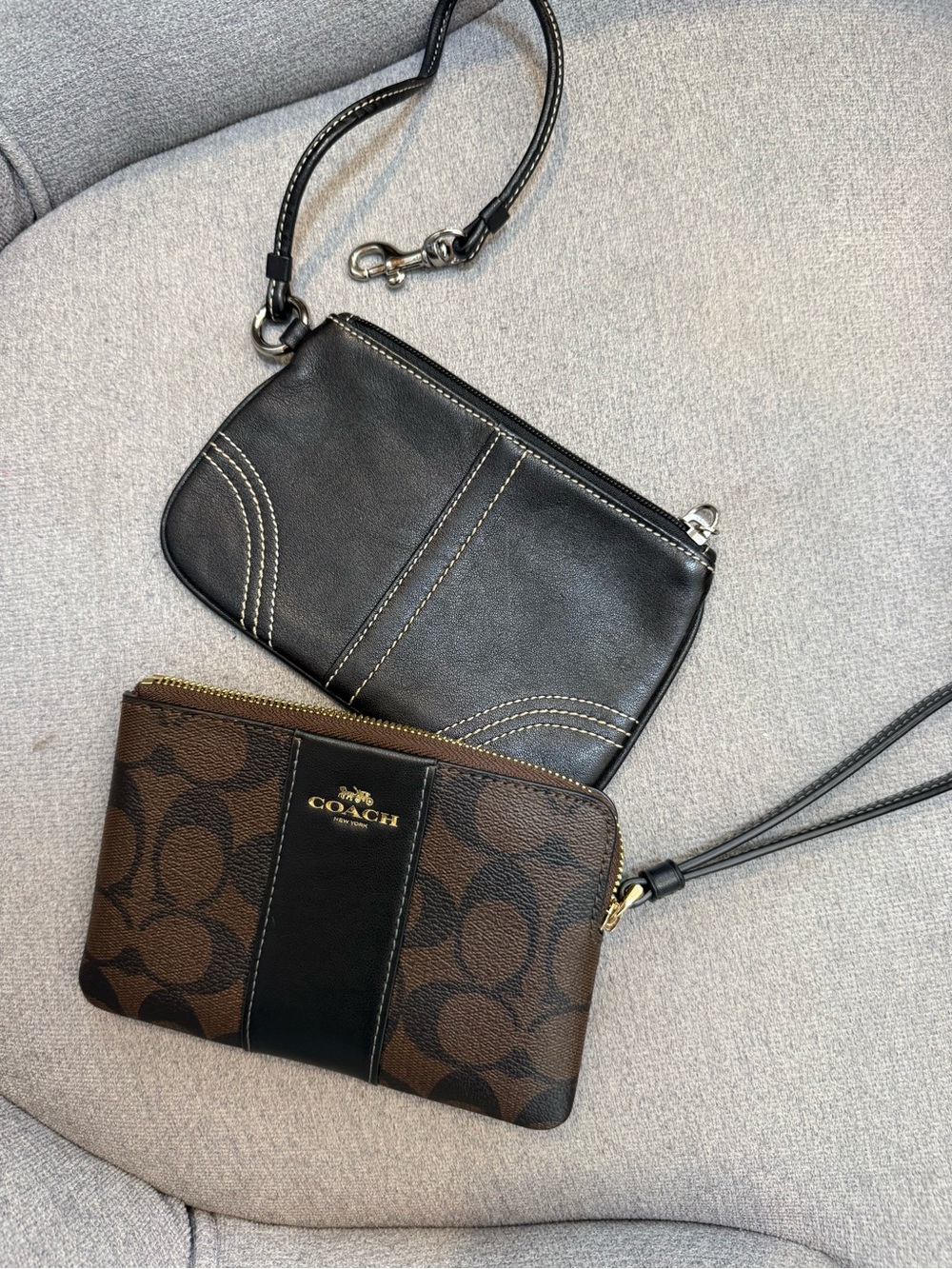 Coach Brown Signature Canvas Wristlet & Black/Silver Black Leather Wristlet